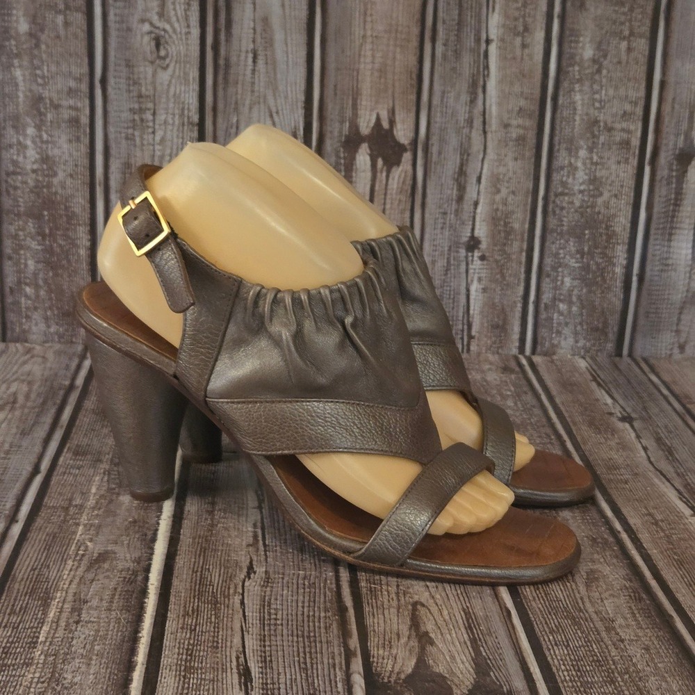 Sz 39.5/ 8.5-9 Chie Mihara Pewter Leather Ruched Slingback Heels Sandals VGUC
